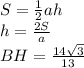 S=\frac{1}{2}ah\\h=\frac{2S}{a}\\BH=\frac{14\sqrt3}{13}