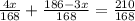 \frac{4x}{168}+\frac{186-3x}{168}=\frac{210}{168}