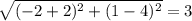 \sqrt{(-2+2)^2+(1-4)^2}=3