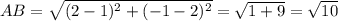 AB=\sqrt{(2-1)^2+(-1-2)^2}=\sqrt{1+9}=\sqrt{10}