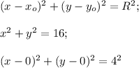 (x-x_o)^2+(y-y_o)^2=R^2;\\\\x^2+y^2=16;\\\\(x-0)^2+(y-0)^2=4^2