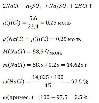 При обработке 15 г технической поваренной соли концентрированной серной кислотой выделилось 5,6 л га