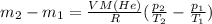 m_2-m_1=\frac{VM(He)}{R}(\frac{p_2}{T_2}-\frac{p_1}{T_1})