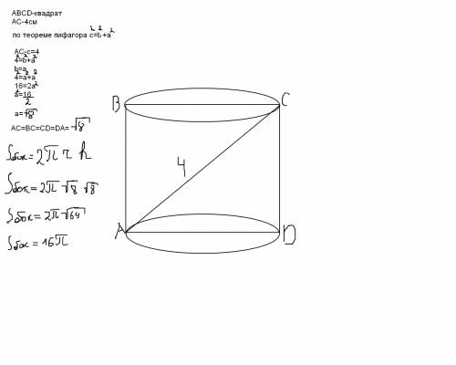 С! ) осевое сечение цилиндра - квадрат, диагональ которого 4см. найдите площадь боковой поверхности