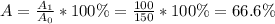 A=\frac{A_{1}}{A_{0}}*100\%=\frac{100}{150}*100\%=66.6\%