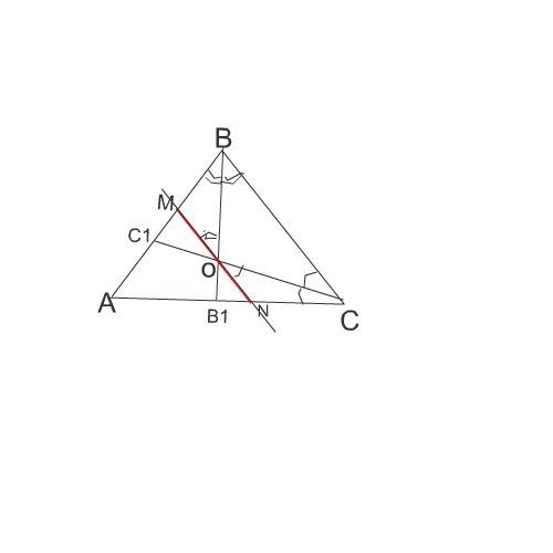 Через точку пересечения биссектрис вв1 и сс1 треугольника abc проведена прямая, паралельная прямой b