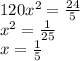 120x^2=\frac{24}{5}\\x^2=\frac{1}{25}\\x=\frac{1}{5}