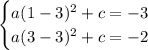 \begin{cases} a(1-3)^2+c=-3\\ a(3-3)^2+c=-2 \end{cases}