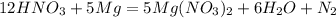 12HNO_3 + 5Mg = 5Mg(NO_3)_2 + 6H_2O + N_2