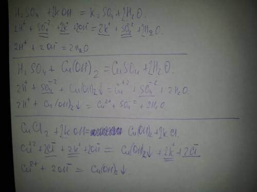 Решить ионные уравнения: 1) н2so4+koh= 2) h2so4+cu(oh)2= 3) cucl2+koh=