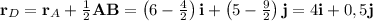 \mathbf{r}_D = \mathbf{r}_A + \frac{1}{2} \mathbf{AB} = \left(6 - \frac{4}{2}\right)\mathbf{i} + \left(5 - \frac{9}{2}\right)\mathbf{j} = 4\mathbf{i} + 0,5\mathbf{j}