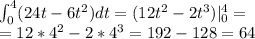 \int_0^4({24t - 6t^2})dt = (12t^2 - 2t^3)|_0^4 =\\ = 12*4^2 -2*4^3 =192 - 128 =64