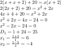 2(x+x+2)+20=x(x+2)\\ 2(2x+2)+20=x^2+2x\\ 4x+4+20=x^2+2x\\ x^2+2x-4x-24=0\\ x^2-2x-24=0\\ D_1=1+24=25\\ x_1= \frac{1+5}{1}=6\\ x_2=\frac{1-5}{1}=-4\\