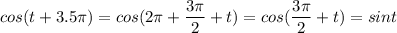 \displaystyle cos(t+3.5 \pi )=cos(2 \pi + \frac{ 3\pi }{2}+t)= cos( \frac{3 \pi }{2}+t)=sin t