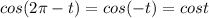 \displaystyle cos(2 \pi -t)=cos(-t)=cost