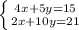 \left \{ {{4x+5y=15} \atop {2x+10y=21}} \right.