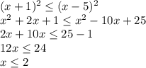 (x+1)^2\leq(x-5)^2\\ x^2+2x+1\leq x^2-10x+25\\ 2x+10x \leq25-1\\ 12x \leq24\\x\leq2