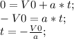 0=V0+a*t;\\ -V0=a*t;\\ t=-\frac{V0}{a};\\