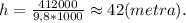 h=\frac{412000}{9,8*1000}\approx42(metra).