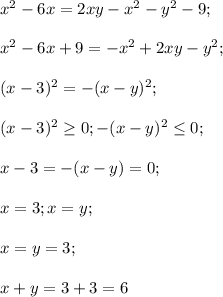 x^2-6x=2xy-x^2-y^2-9;\\\\x^2-6x+9=-x^2+2xy-y^2;\\\\(x-3)^2=-(x-y)^2;\\\\(x-3)^2 \geq 0; -(x-y)^2 \leq 0;\\\\x-3=-(x-y)=0;\\\\x=3; x=y;\\\\x=y=3;\\\\x+y=3+3=6