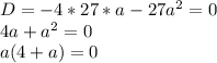 D = -4*27*a - 27a^2 = 0\\ 4a + a^2 = 0\\ a(4 +a) = 0\\