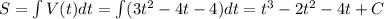 S = \int V(t)dt = \int (3t^2-4t-4) dt = t^3-2t^2 - 4t + C