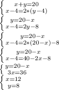 \left \{ {{x+y=20} \atop {x-4=2*(y-4)}} \right. \\ \left \{ {{y=20-x} \atop {x-4=2y-8}} \right. \\ \left \{ {{y=20-x} \atop {x-4=2*(20-x)-8}} \right. \\ \left \{ {{y=20-x} \atop {x-4=40-2x-8}} \right. \\ \left \{ {{y=20-x} \atop {3x=36}} \right. \\ \left \{ {{x=12} \atop {y=8}} \right.