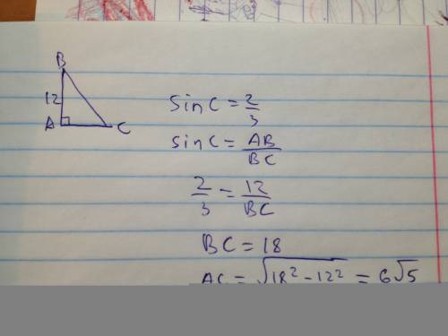 Впрямоугольном треугольнике abc угол а=90 градусов. ab=12см, sinc= две тритьих (дробь) . найдите cb