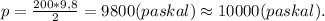 p=\frac{200*9,8}{2}=9800(paskal)\approx10000(paskal).