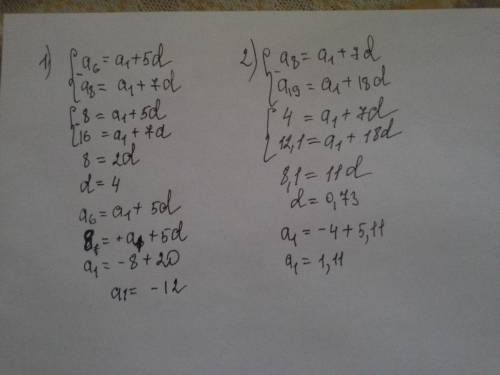 Определите первый член и разность арифметической прогрессии, если: 1) а6=8 а8=16 2)а8=4,4 а19=12,1