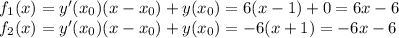 f_1(x)=y'(x_0)(x-x_0)+y(x_0)=6(x-1)+0=6x-6\\ f_2(x)=y'(x_0)(x-x_0)+y(x_0)=-6(x+1)=-6x-6