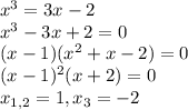 x^3=3x-2\\x^3-3x+2=0\\(x-1)(x^2+x-2)=0\\(x-1)^2(x+2)=0\\x_{1,2}=1, x_{3}=-2