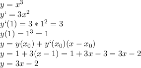 y=x^3\\y`=3x^2\\y`(1)=3*1^2=3\\y(1)=1^3=1\\y=y(x_{0})+y`(x_{0})(x-x_{0})\\y=1+3(x-1)=1+3x-3=3x-2\\y=3x-2\\\\