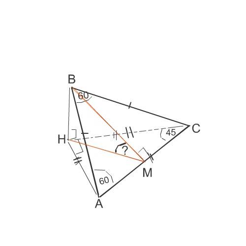 Правильный треугольник abc проецируется в прямоугольный треугольник abc1. найдите угол между плоскос