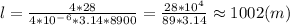 l=\frac{4*28}{4*10^-^6*3.14*8900}=\frac{28*10^4}{89*3.14}\approx1002(m)
