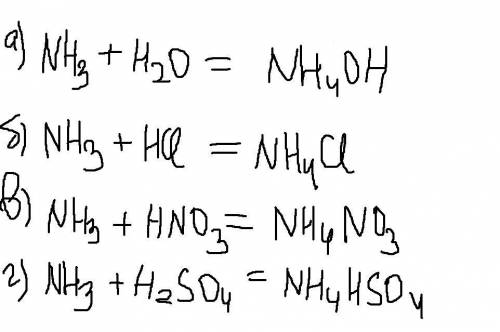 Решить №1 составьте уравнения реакции аммиака: а) с водой б) с соляной кислотой в) с азотной кислото