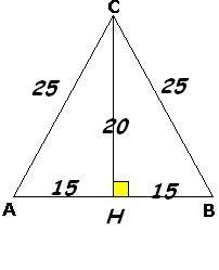 Найти tg при основании равнобедренного треугольника с основанием 30 и боковой стороной 25
