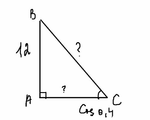 Упрямоугольного треугольника один катет равен 12 см,а косинус противоположного ему угла равна 0,4.на