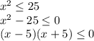 x^2\leq25\\ x^2-25\leq0\\ (x-5)(x+5)\leq0