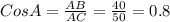 Cos A = \frac{AB}{AC} = \frac{40}{50} = 0.8