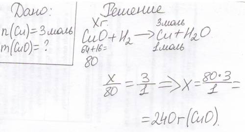 Решить! вычислите массу оксида меди(ii), восстановленного водородом, если при этом получено 3 моль м