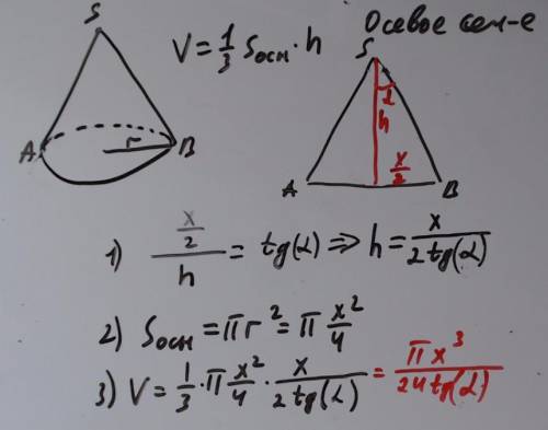Восевом сечении конуса лежит равнобедренный треугольник, основание которого равно x. в конусе угол м