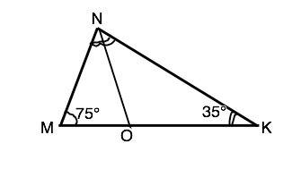 Втреугольнике mnk проведена биссектриса no угол m=75 градусов угол k=35 градусов 1)докажите что треу