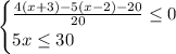 \begin{cases} \frac{4(x+3)-5(x-2)-20}{20}\leq0\\5x\leq30 \end{cases}