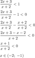 \dfrac{2x + 3}{x + 2} \ \textless \ 1 \\ \\ &#10; \dfrac{2x + 3}{x + 2} - 1 \ \textless \ 0 \\ \\ &#10; \dfrac{2x + 3}{x + 2} - \dfrac{x+ 2 }{x + 2} \ \textless \ 0 \\ \\ &#10; \dfrac{2x + 3 - x - 2 }{x + 2} \ \textless \ 0 \\ \\ &#10; \dfrac{x + 1 }{x + 2} \ \textless \ 0 \\ \\ &#10;x \in (-2; \ -1)