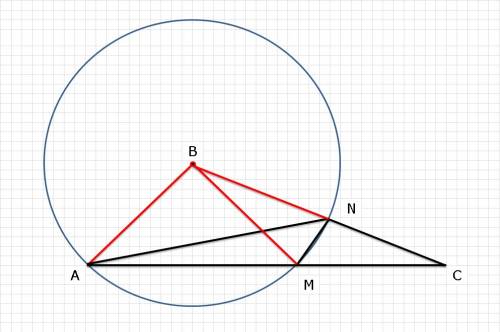 Вреугольнике авс угол а=32 градуса, угол с=24 градуса. окружность с центром в точке в проходит через