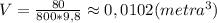 V=\frac{80}{800*9,8}\approx0,0102(metra^3)