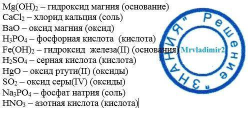 Распределите вещества по классам, назовите вещества: mg(oh)2, cacl2, bao, h3po4, fe(oh)2, , h2so4, h