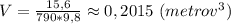 V=\frac{15,6}{790*9,8}\approx0,2015 \ (metrov^3)
