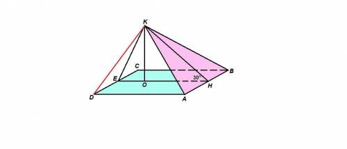 Угол между плоскостями равностороннего треугольника abk и квадрата abcd 30 градусов. найдите рассоян